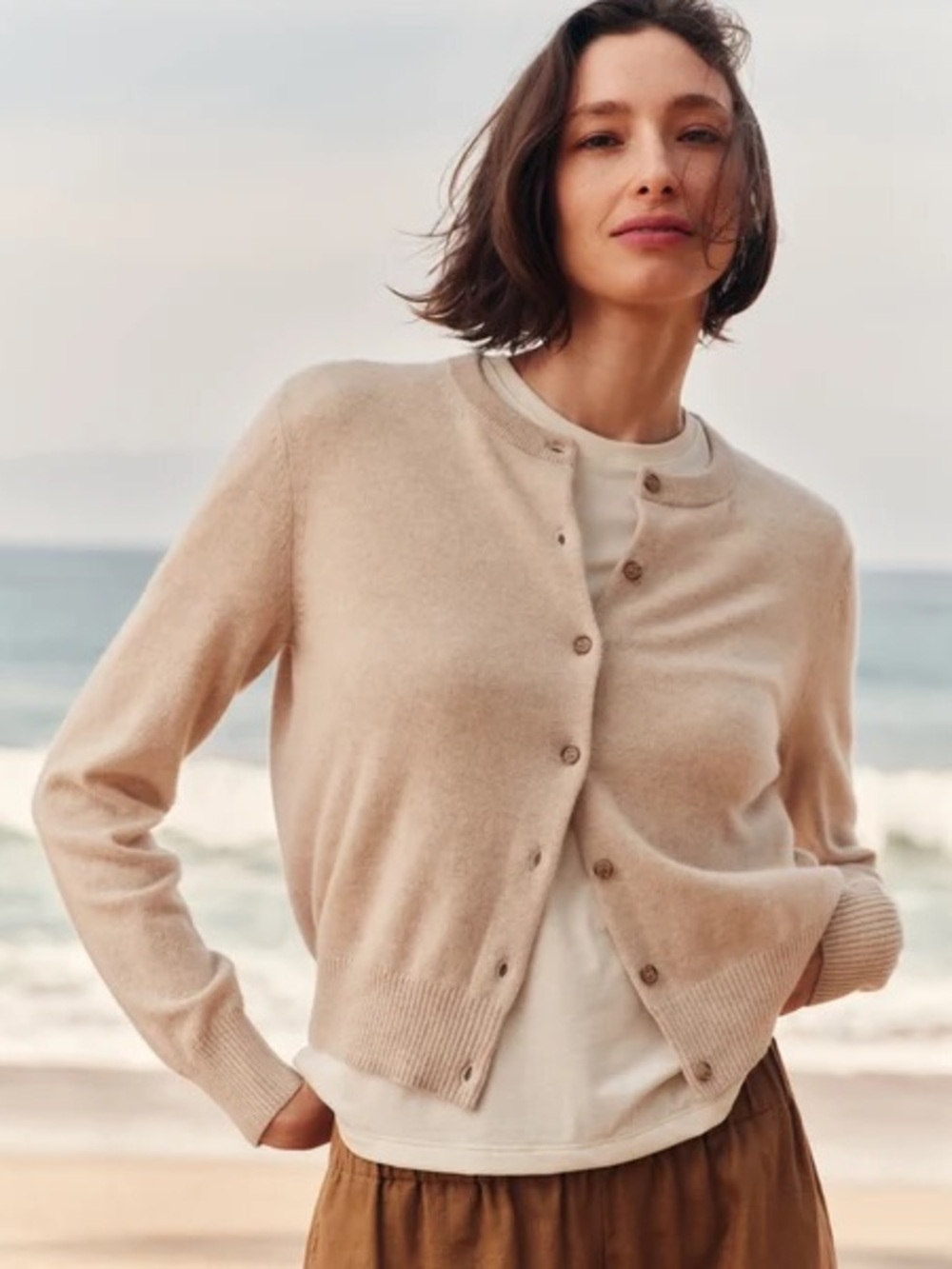 Jenni Kayne Flynn Beige Cashmere Crewneck Button Cardigan Sweater XS